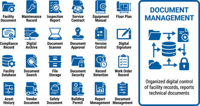 Document Management Icons Facility Maintenance Inspection Contract Equipment Manual Floor Plan Compliance Digital Archive Scanner Approval Version Control Signature Database