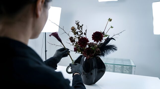 Artisan arranging an elevated gothic minimalist floral display with dark dahlias for a moody theme