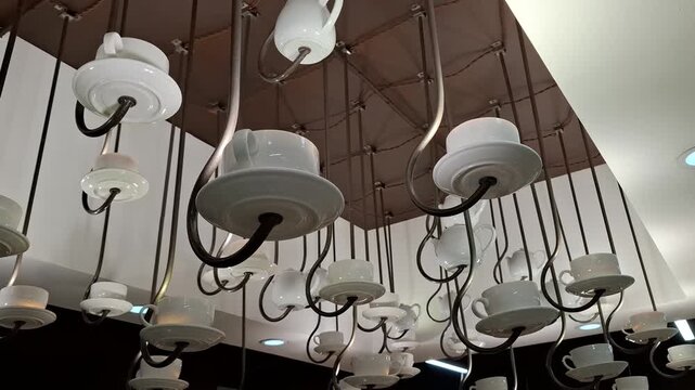 White coffee cups hang from ceiling structure indoors. Creative restaurant interior design, decorative coffee shop installation, artistic lighting art. Ceiling lamps hanging in lighting store display