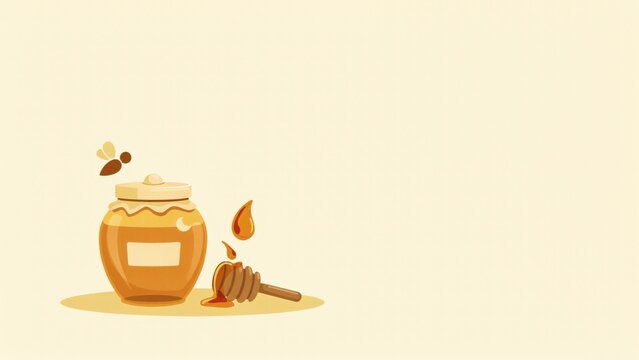A glass jar of golden honey with a wooden dipper and a small bee illustration with flat style illustration