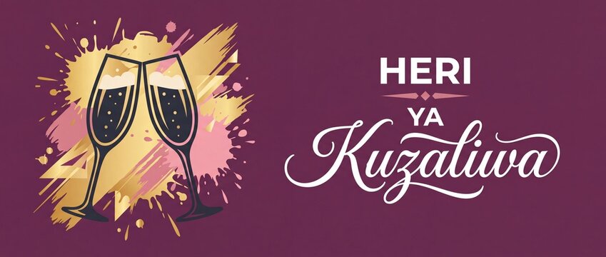 Swahili Happy Birthday Greeting Banner with Toasting Champagne Glasses, Gold Foil Paint Splatter on Burgundy Background, Heri ya Kuzaliwa Celebration Banner for East African Party and Event Card