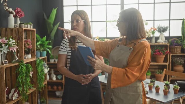 Woman florist points to tablet while holding it, standing with partner in apron beside table of succulents in studio; mentoring teamwork calm.