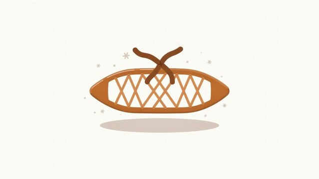 Traditional wooden snowshoe with criss cross lacing and brown laces on a light background with snowflakes