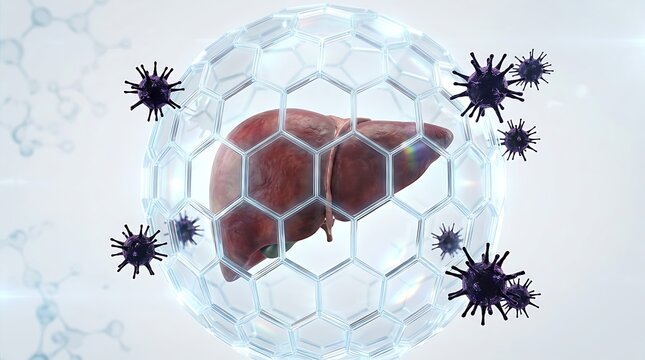 Human liver protected by hexagonal sphere from virus particles