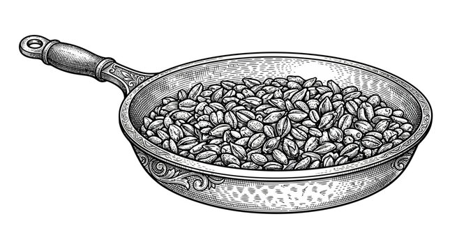 Engraving style illustration of a rustic frying pan filled with roasted coffee beans or grains
