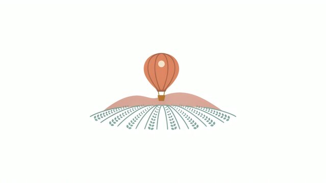 A hot air balloon flying over a green agricultural field with rolling hills on a white background with floating above cultivated