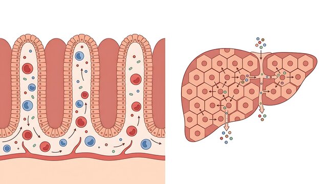 Anatomical diagram of intestinal villus and liver