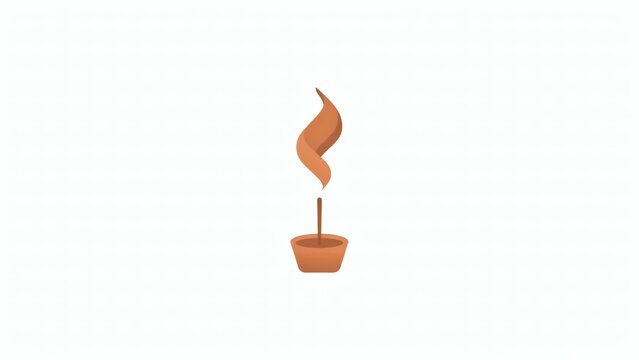 Orange incense stick burning with smoke rising in a small pot on a white background with stick burns pot