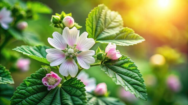 Close-up of marshmallow plant showing its delicate flowers and vibrant green leaves with intricate details and texture, botanical illustration, spring bloom