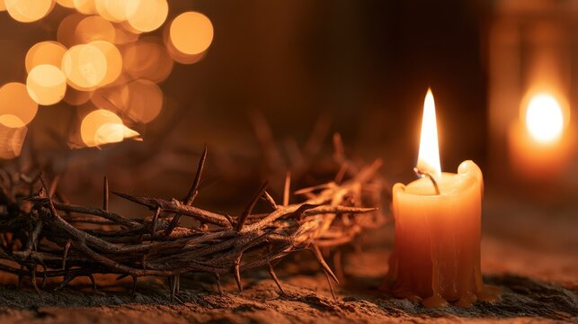 Close up of a crown of thorns resting next to a glowing Christmas candle, symbolizing the purpose of Christ's birth, powerful concept