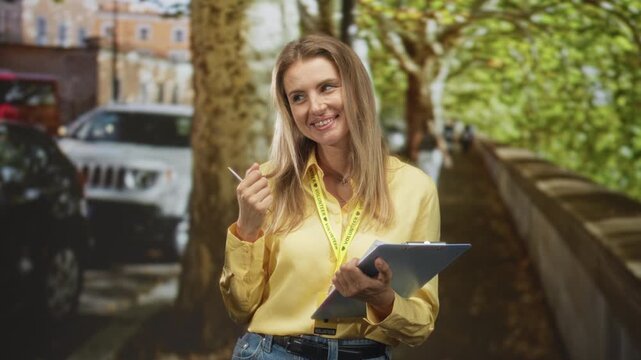 Woman holds clipboard and pen, smiles wearing visitor card lanyard and yellow shirt on street; friendly community support.