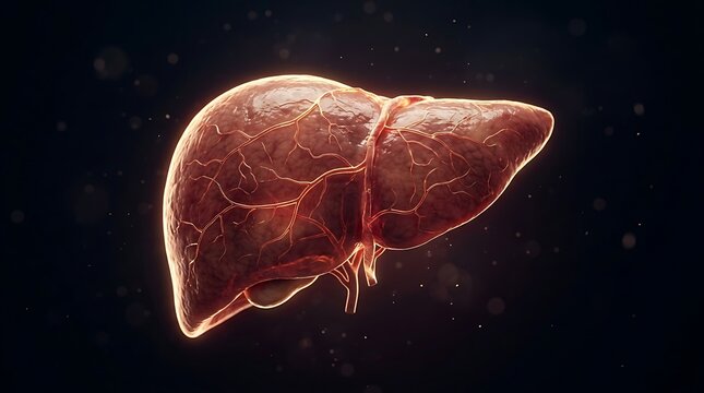 Human liver anatomical model on dark background