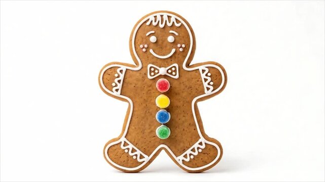 Gingerbread man cookie with white icing decoration and colorful candy buttons on white background. Christmas baking and holiday dessert concept.