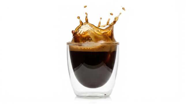 Espresso coffee splashing inside clear glass cup.