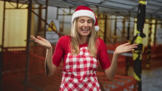 Woman wearing santa hat and red checkered apron shrugs both hands inside building with scaffolding and caution tape; festive.