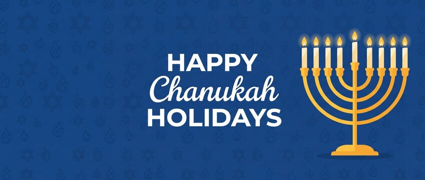 Hanukkah Menorah Banner Blue Background with Happy Chanukah Greetings and Lit Candles for Jewish Festival of Lights Celebration Graphic Design Vector Style Illustration Template Horizontal Card Header