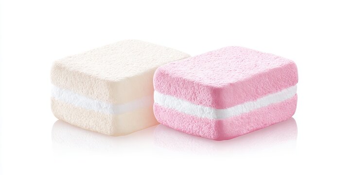 Deliciously soft and sweet marshmallow treats in pink and white colors on a reflective surface