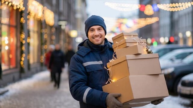 Smiling delivery man in winter uniform carrying stack of cardboard boxes wrapped in fairy lights on snowy city street with christmas decorations.