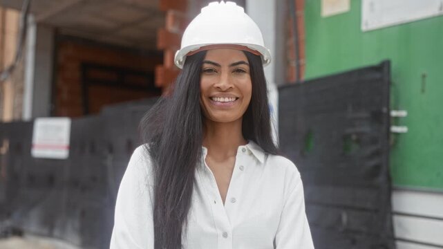 Woman architect wearing a white hardhat smiles with folded arms at a building construction site, face visible and confident posture; confidence leadership professionalism.