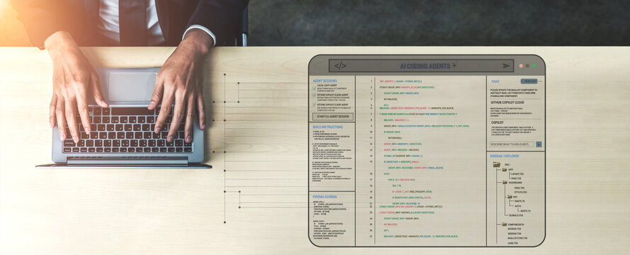 Professional Office Worker Analyzing Data on Laptop with Digital Interface and Coding Elements Displayed on Workspace Quark.