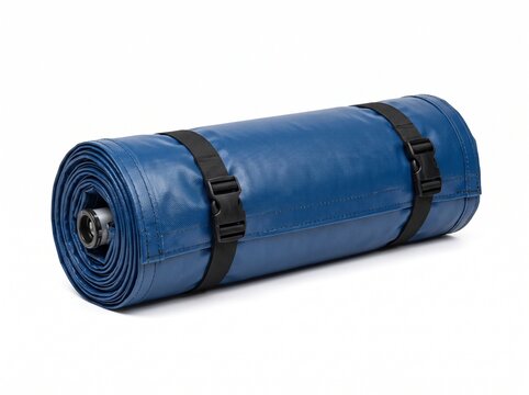 Rolled up blue camping mat with black straps and buckles on a white background