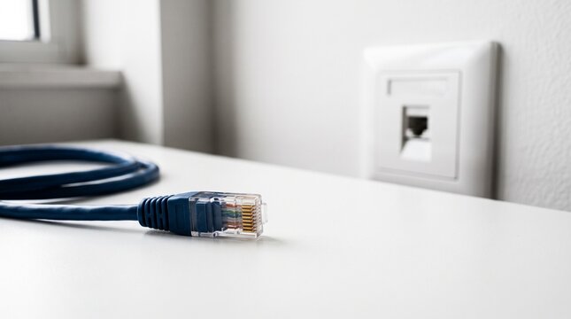 Disconnected Ethernet cable beside a network wall socket