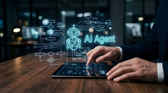 Close-up of professional operating digital tablet with glowing AI Agent holographic interface, featuring futuristic robot icon and data flowcharts in modern office setting.
