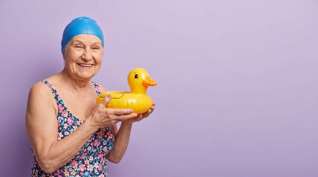 Joyful senior woman in blue swim cap and floral swimsuit holding a yellow inflatable duck against a purple background with copy space
