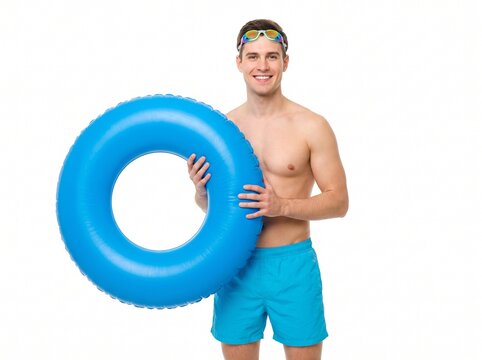 Smiling Man in Swim Trunks and Goggles Holding a Blue Inflatable Ring Ready for Summer Fun Isolated on White Background