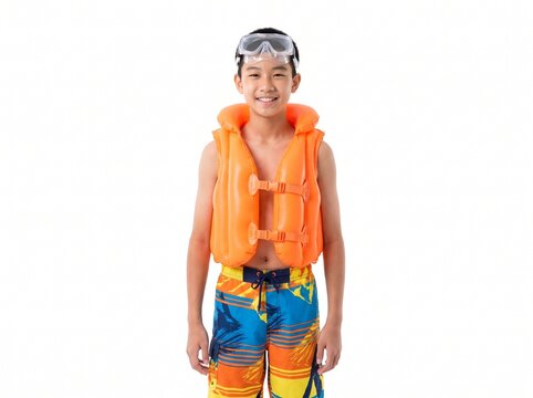 Young Asian boy wearing an orange life jacket and colorful swim trunks with goggles on his head smiling Isolated on White Background