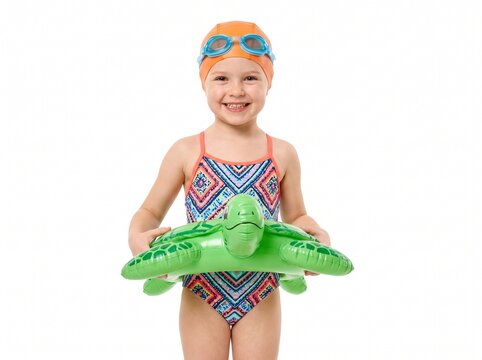 Happy Young Girl Wearing Swimsuit and Goggles Holding Inflatable Turtle Toy Isolated on White Background