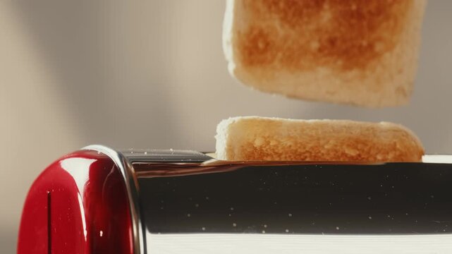 Toaster with fresh bread slices being taken out by hand in the morning for a healthy American breakfast in a modern kitchen