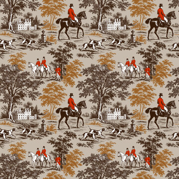 Seamless vintage Toile de Jouy pattern with equestrian riders, hunting hounds, manor house and countryside landscape. Vintage engraving style illustration.