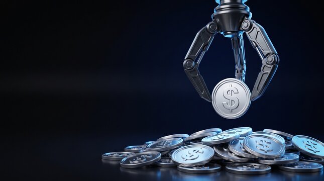 Robotic claw picking silver coin from pile 3D render