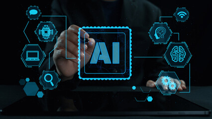 Explore a stunning visualization of artificial intelligence with tech elements, emphasizing...