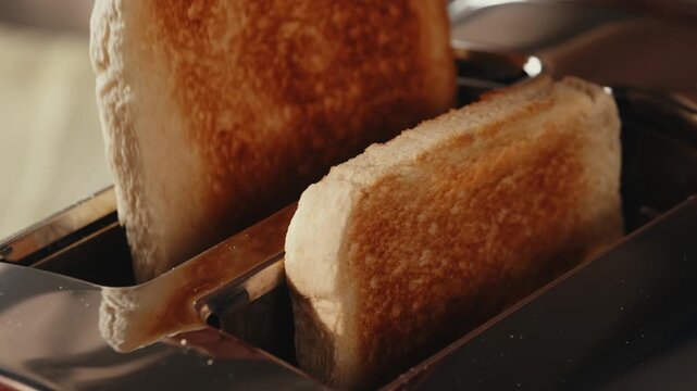 Toaster with fresh bread slices being taken out by hand in the morning for a healthy American breakfast in a modern kitchen