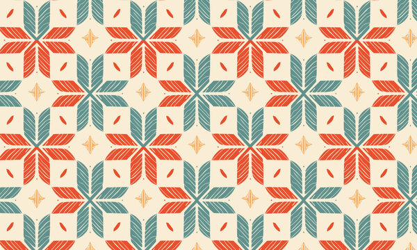 Retro Geometric Flower Seamless Vector Pattern in Teal Red and Cream &ndash; Tileable Repeat for Textile and Wallpaper
