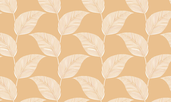 Tonal Beige Leaf Outline Seamless Vector Pattern for Wallpaper and Textile