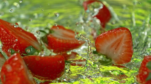 Super Slow Motion Shot of Fresh Strawberries Falling into Water and Making Splash at 1000fps.