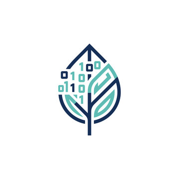 Eco-Tech Leaf Logo with Binary Code for Sustainable Data and Green Computing Concepts