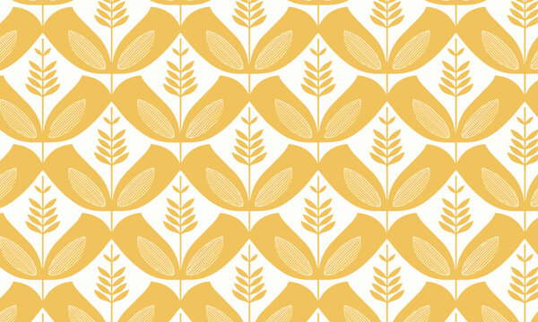 Mustard Yellow Retro Folk Tulip and Wheat Seamless Vector Pattern for Textile and Wallpaper
