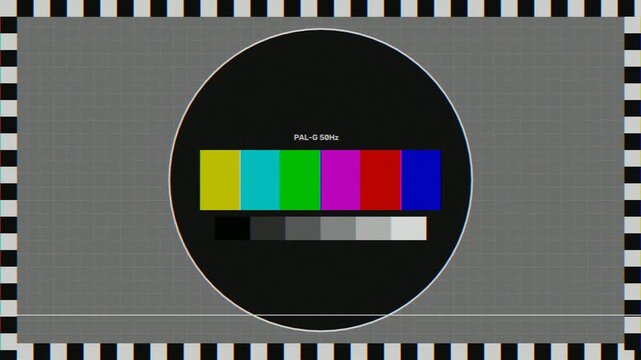 Classic analog television test card showing pal g signal pattern with rolling scanline interference.