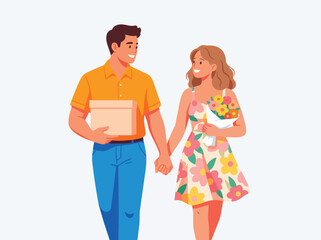Fototapeta premium Couple walking holding gift box and flowers