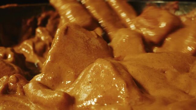 Chicken tikka masala curry boiling in a pan at a professional restaurant kitchen, Indian and Japanese style spicy curry sauce simmering and preparation by a chef
