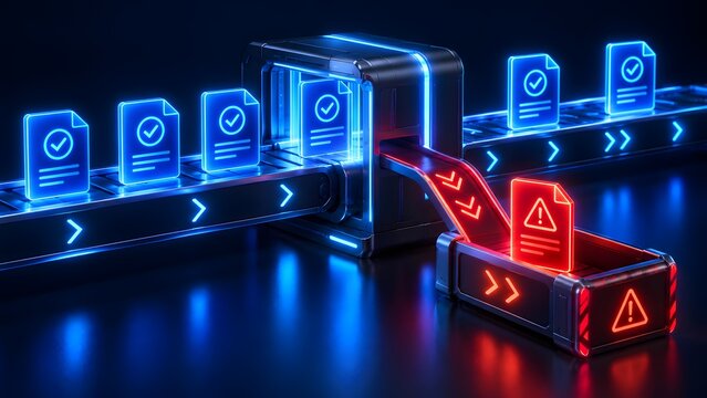 Automated digital sorting machine ejecting red error document onto side conveyor chute away from approved files