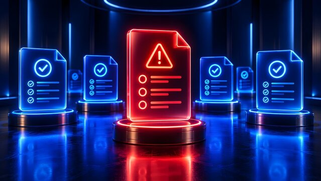 Glowing red flagged digital document with warning sign among approved blue files on futuristic exhibition pedestals