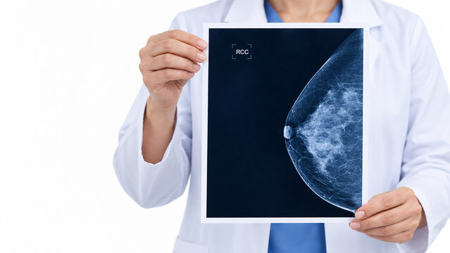 Professional healthcare stock photograph showing two hands float - an unbranded printed film sheet floating in mid-air with a real de-identified mammogram for breast screening awareness and.