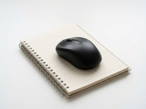 Black Computer Mouse Resting on a Spiral Notebook