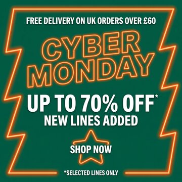 Cyber Monday Up To 70% Off Sale Banner, Free UK Delivery New Lines Added, Orange Green Starburst Shop Now Design