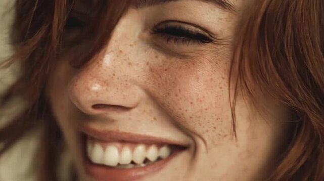 Close up of freckled woman smiling with eyes closed.